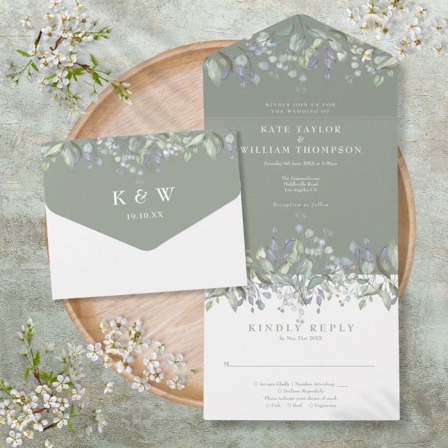 Sage Green Sage And Lilac Floral Monogram Wedding All In One Invitation (Sage Green Sage And Lilac Floral Monogram Wedding All In One Invitation)