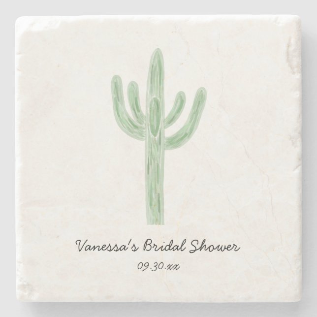 Sage Green Saguaro Cactus Bridal Shower Stone Coaster (Front)