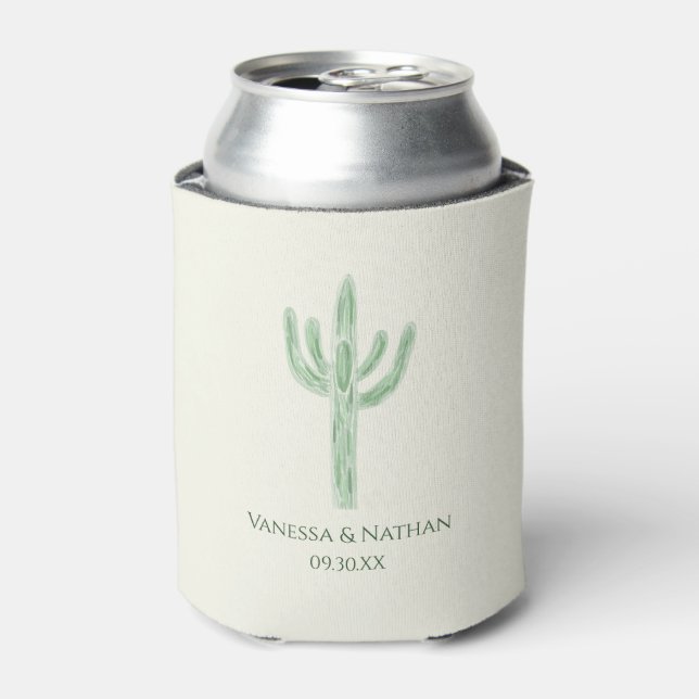 Sage Green Saguaro Cactus Wedding Can Cooler (Can Front)