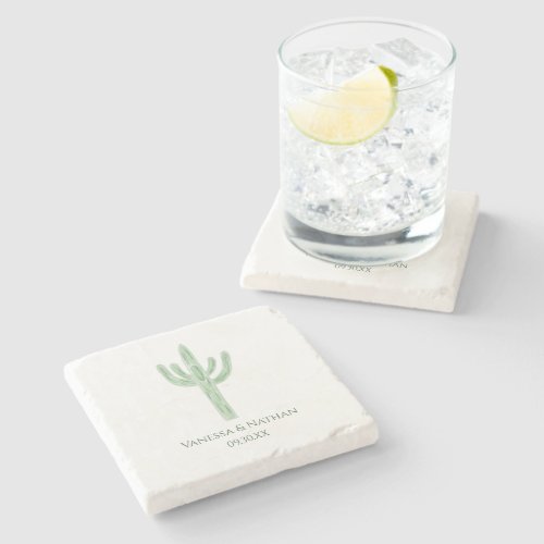 Sage Green Saguaro Cactus Wedding Favor Stone Coaster