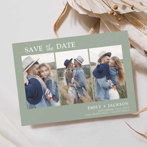 Sage Green Save the Date 3 Photo Simple