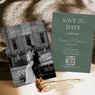 Sage Green Save the Date Card with Wedding QR Code