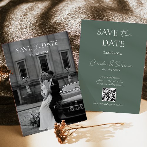 Sage Green Save the Date Card with Wedding QR Code