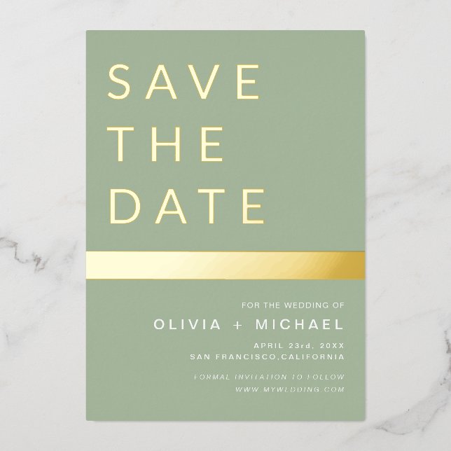  Sage Green Save the Date Elegant Gold Foil Invitation (Front)