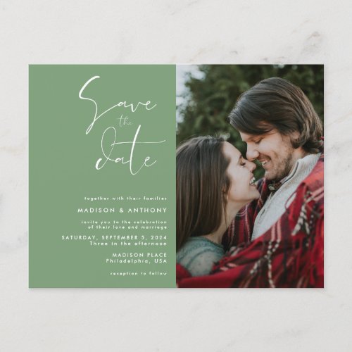 Sage Green Save the Date Minimalist Wedding Photo Invitation Postcard