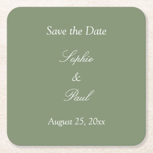 Sage Green Save the Date Square Paper Coaster 