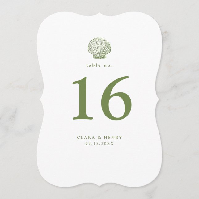 Sage Green Scallop Shell Die-Cut Table Number (Front)