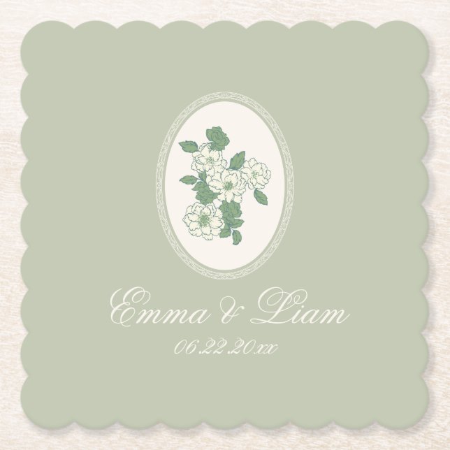 Sage Green Scalloped Wedding Paper Coasters (Front)