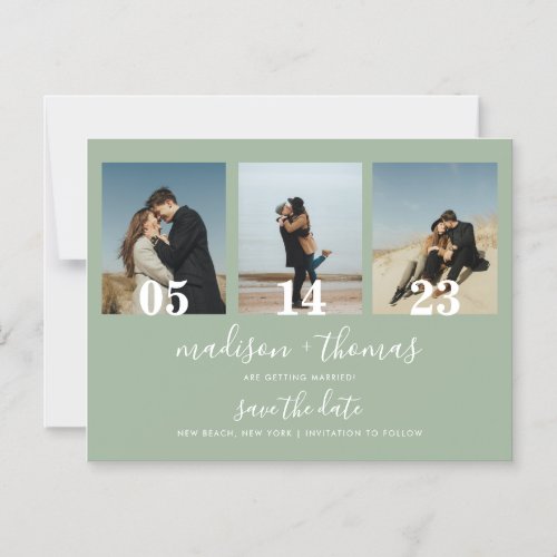 Sage Green Script 3 Photo Wedding Save The Date Magnetic Invitation