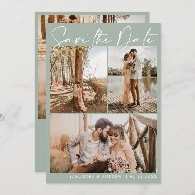 Sage green script 6 photo wedding save the date (Front/Back)