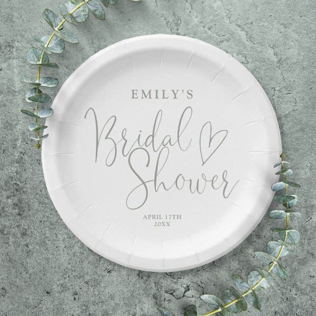Sage Green Script Calligraphy Bridal Shower Paper Plates (Sage Green Script Calligraphy Bridal Shower Paper Plates)