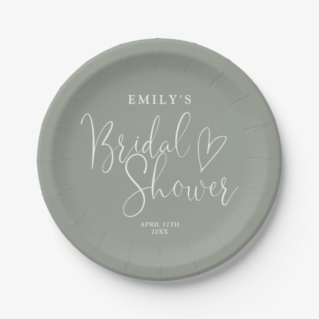 Sage Green Script Calligraphy Bridal Shower Paper Plates (Front)