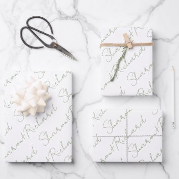 Sage Green Script Calligraphy Names Wedding Wrapping Paper Sheets by weddings_ at Zazzle