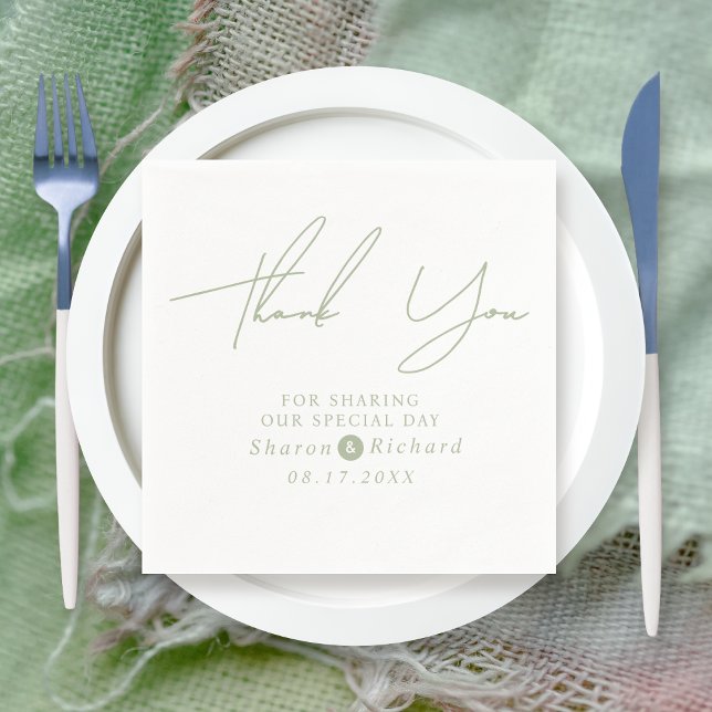 Sage green script calligraphy Thank You wedding Napkins (Creator Uploaded)