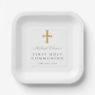Sage GReen Script Cross Boy First Communion Paper Plates