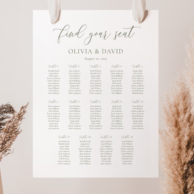 Sage Green Script Elegant 14 table Seating Chart (Creator Uploaded)