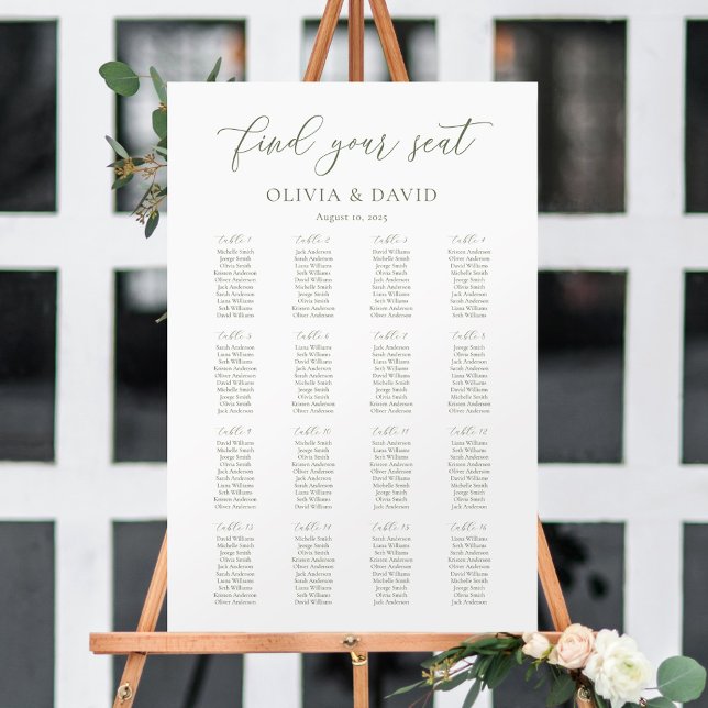 Sage Green Script Elegant 16 table Seating Chart Foam Board (Creator Uploaded)