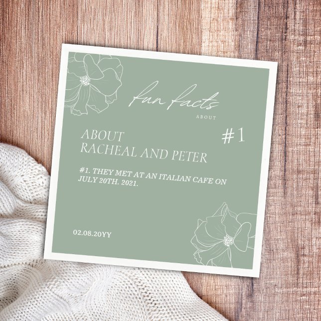 Sage Green Script Floral Fun Facts Wedding Napkins (Creator Uploaded)