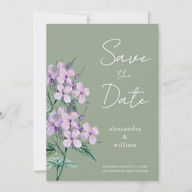 Sage Green Script Floral Save The Date Card (Front)