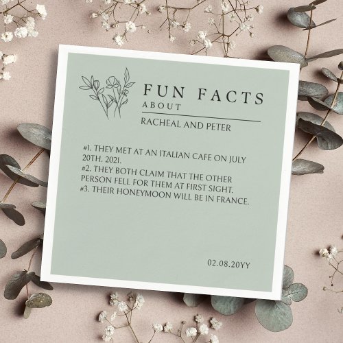 Sage Green Script Floral Simple Fun Facts Wedding Napkins
