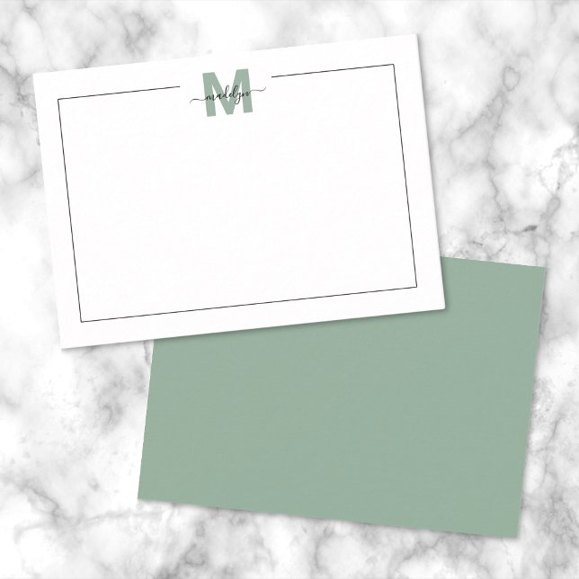 Sage Green Script Minimalist Monogram Note Card (Green Script Minimalist Name Monogram Note Card)