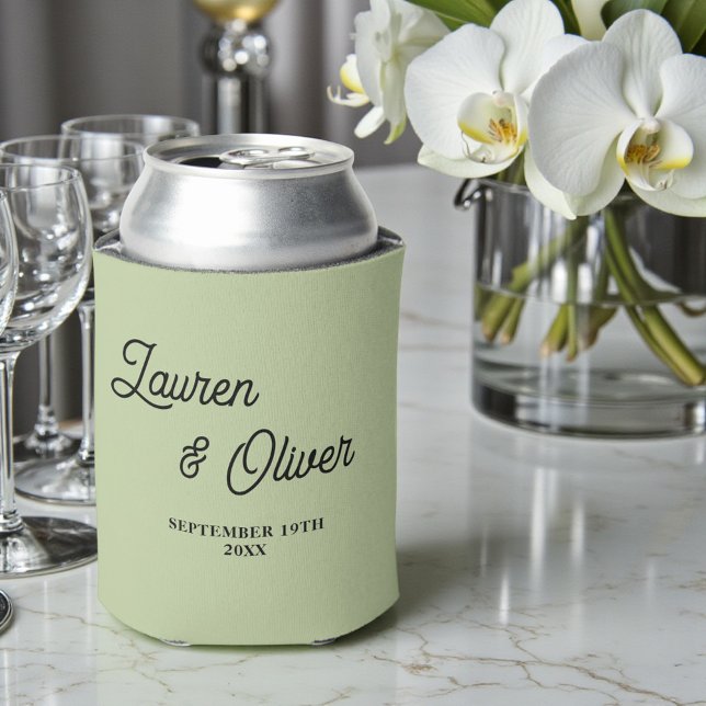 Sage Green Script Minimalist Wedding Can Cooler (Creator Uploaded)