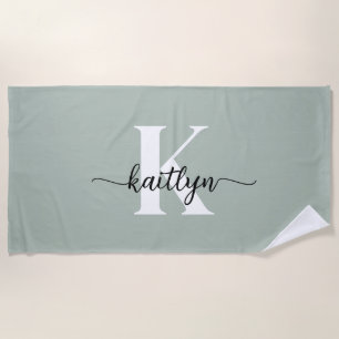 Sage Green Script Monogram Beach Towel
