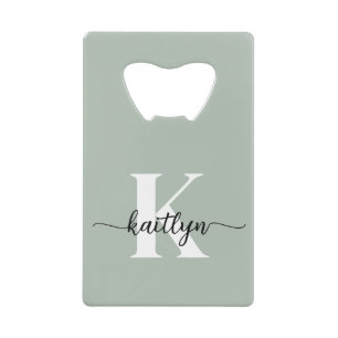 Sage Green Script Monogram Credit Card Bottle Opener