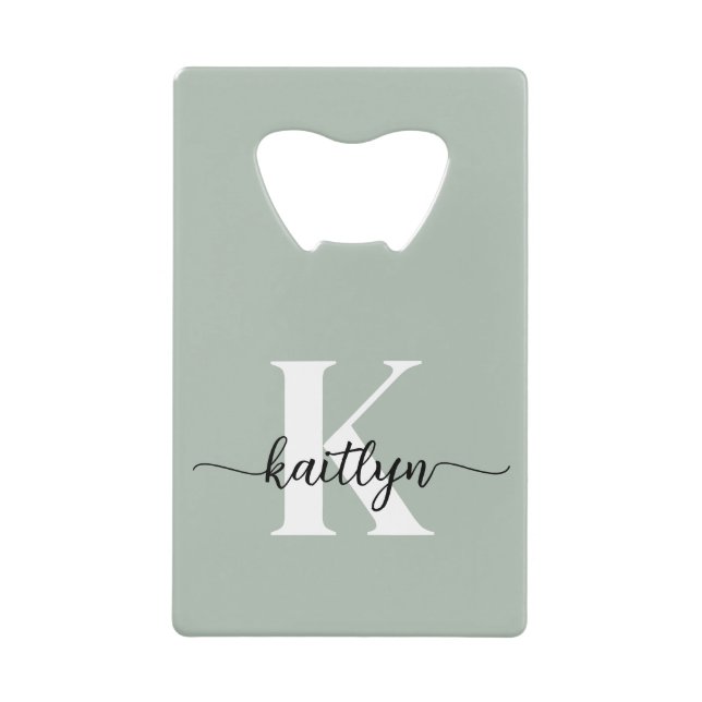Sage Green Script Monogram Credit Card Bottle Opener (Front)