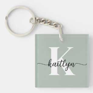 Sage Green Script Monogram Keychain