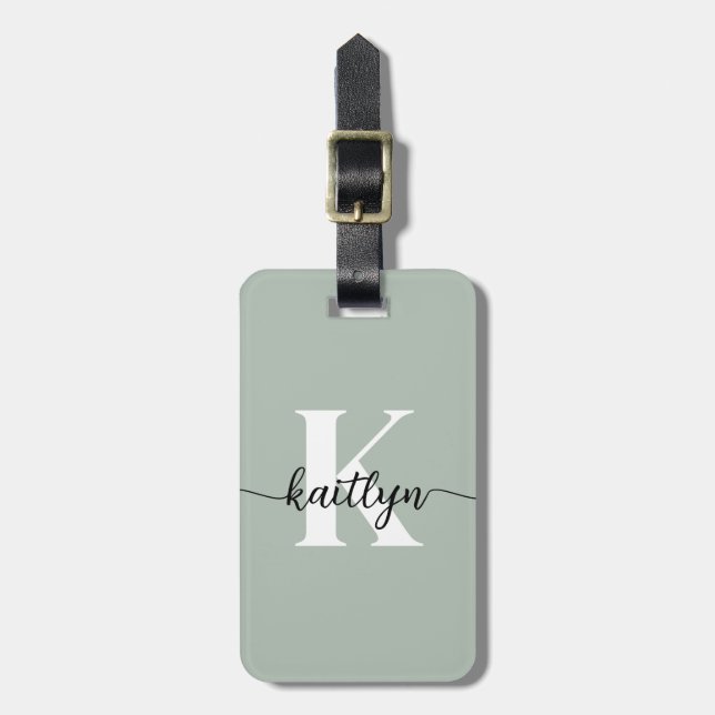 Sage Green Script Monogram Luggage Tag (Front Vertical)