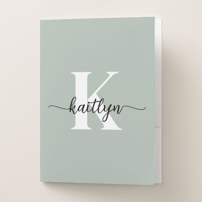 Sage Green Script Monogram Pocket Folder (Front)