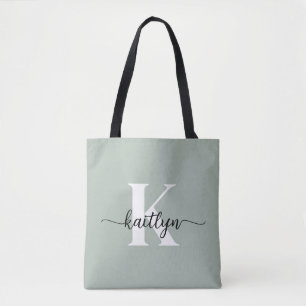 Sage Green Script Monogram Tote Bag
