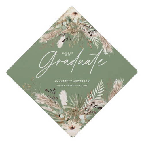 Sage green script pampas eucalyptus elegant decor graduation cap topper