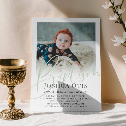 Sage Green Script Photo Baptism  Invitation