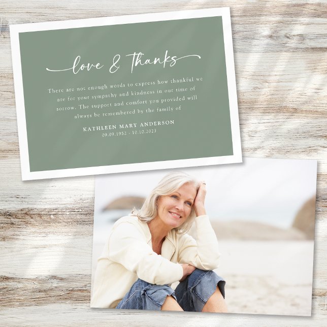 Sage Green Script Photo Funeral Thank You Card (Creator Uploaded)