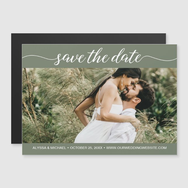 Sage green Script Photo Website save the date Magnetic Invitation (Front/Back)