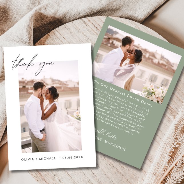 Sage Green Script Photo Wedding Thank You Card (Creator Uploaded)