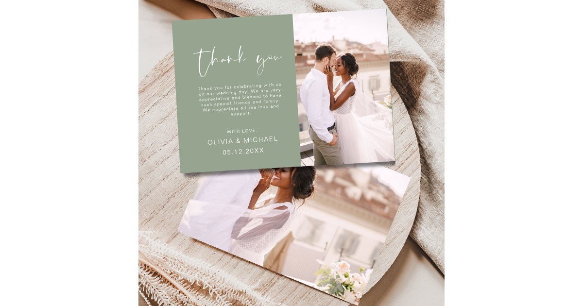Sage Green Script Photo Wedding Thank You Card | Zazzle