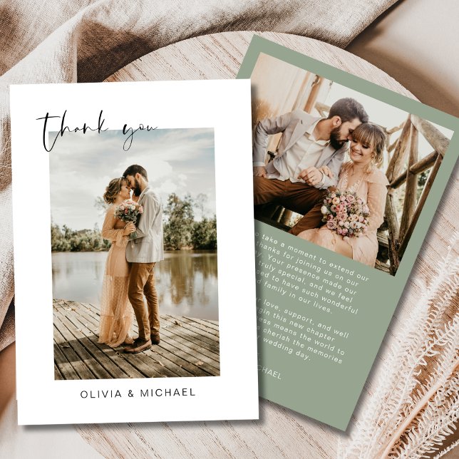 Sage Green Script Photo Wedding Thank You Card (Creator Uploaded)