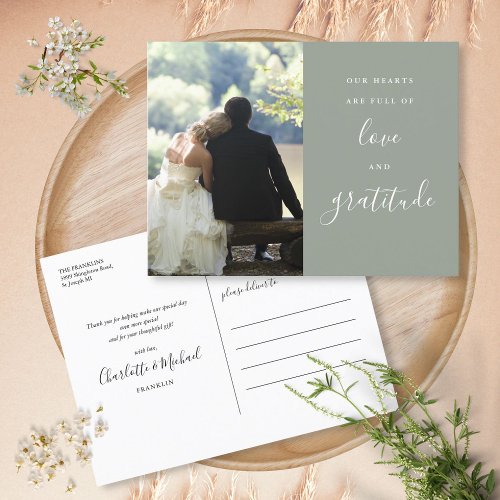 Sage Green Script Photo Wedding Thank You Postcard