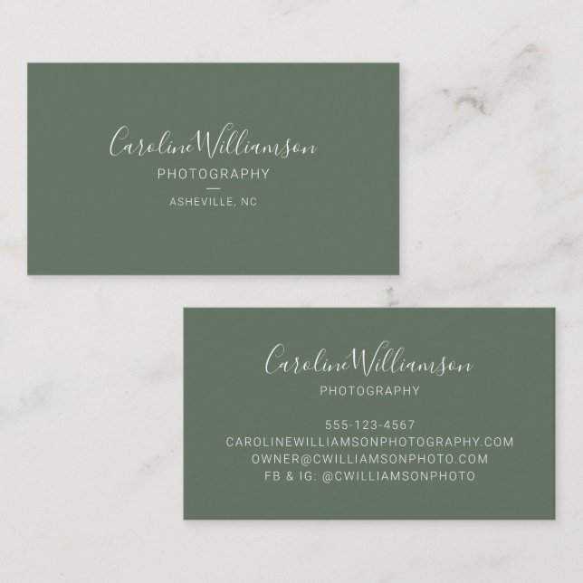 Sage Green Script Photographer Custom Minimalist Business Card (Front/Back)