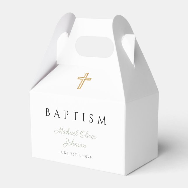 Sage Green Script Religious Cross Baptism Favor Boxes (Front Side)