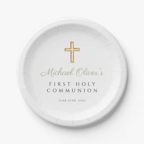 Sage Green Script Religious First Communion Paper Plates