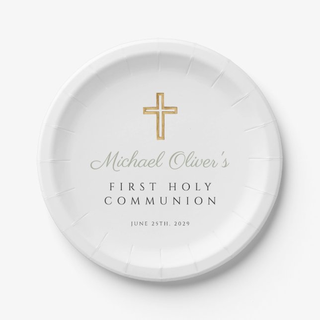 Sage Green Script Religious First Communion Paper Plates (Front)