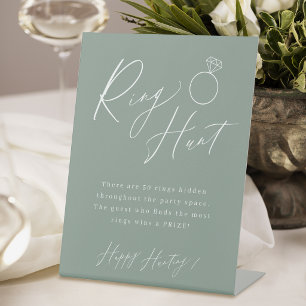 Sage green script ring hunt bridal shower game pedestal sign