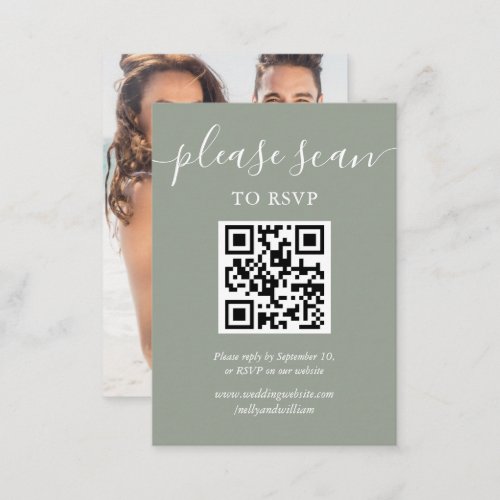 Sage Green Script RSVP QR Code Photo Wedding Enclosure Card