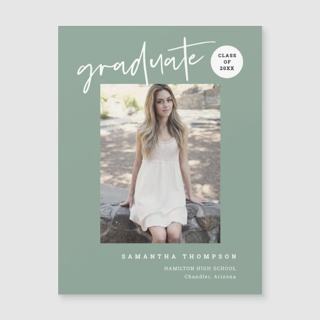 Sage Green Script School Graduate Photo Magnet (Front)