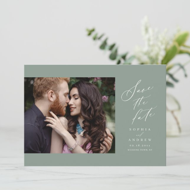 Sage Green Script simple photo save the date (Standing Front)