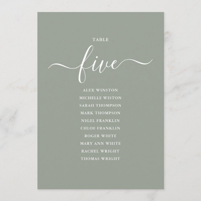 Sage Green Script Table Number 5 Seating Chart (Front)
